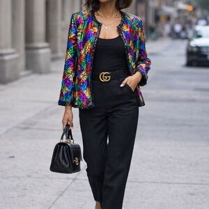 Vintage Royal Feelings Rainbow Harlequin Sequin Jacket 100% Silk XL